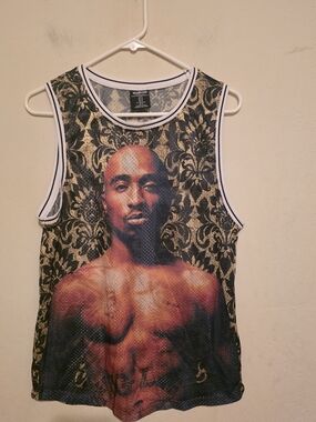 Tupac Graphic Mesh Tank Top / Jersey with Hip-Hop Portrait - Black &Gold  Size S